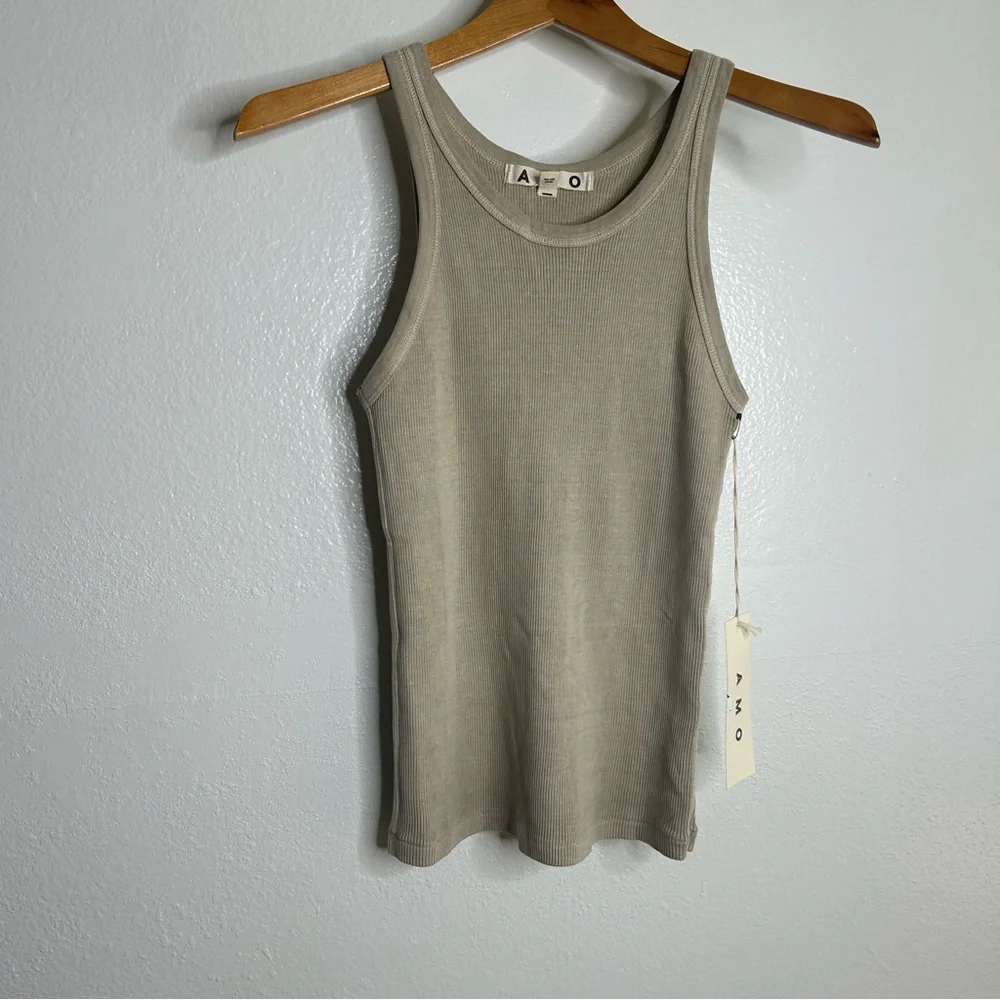 NWT AMO 100% Cotton Ribbed Scoop Neck Tan Tank Top - Picture 3 of 10